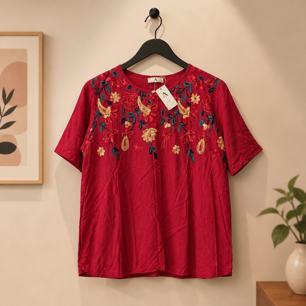AZ Embroidered Flower Top S/M Reddish Bohemian Floral Viscose Short Sleeve NWT
