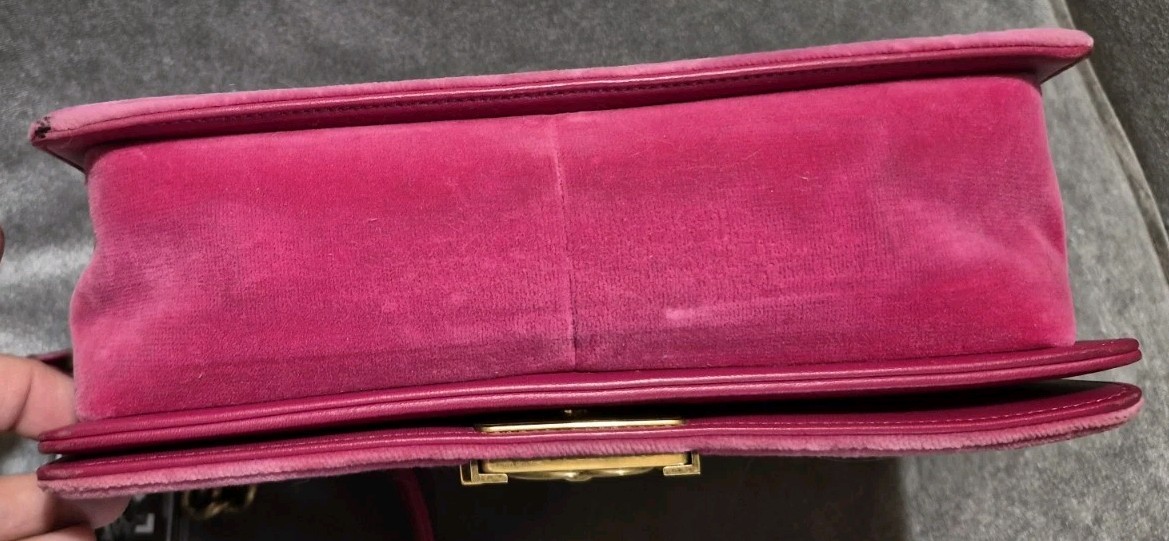 CHANEL Paris-Cosmopolite Chevron Pink Velvet Boy Bag Purse Gold Chain Strap, COA