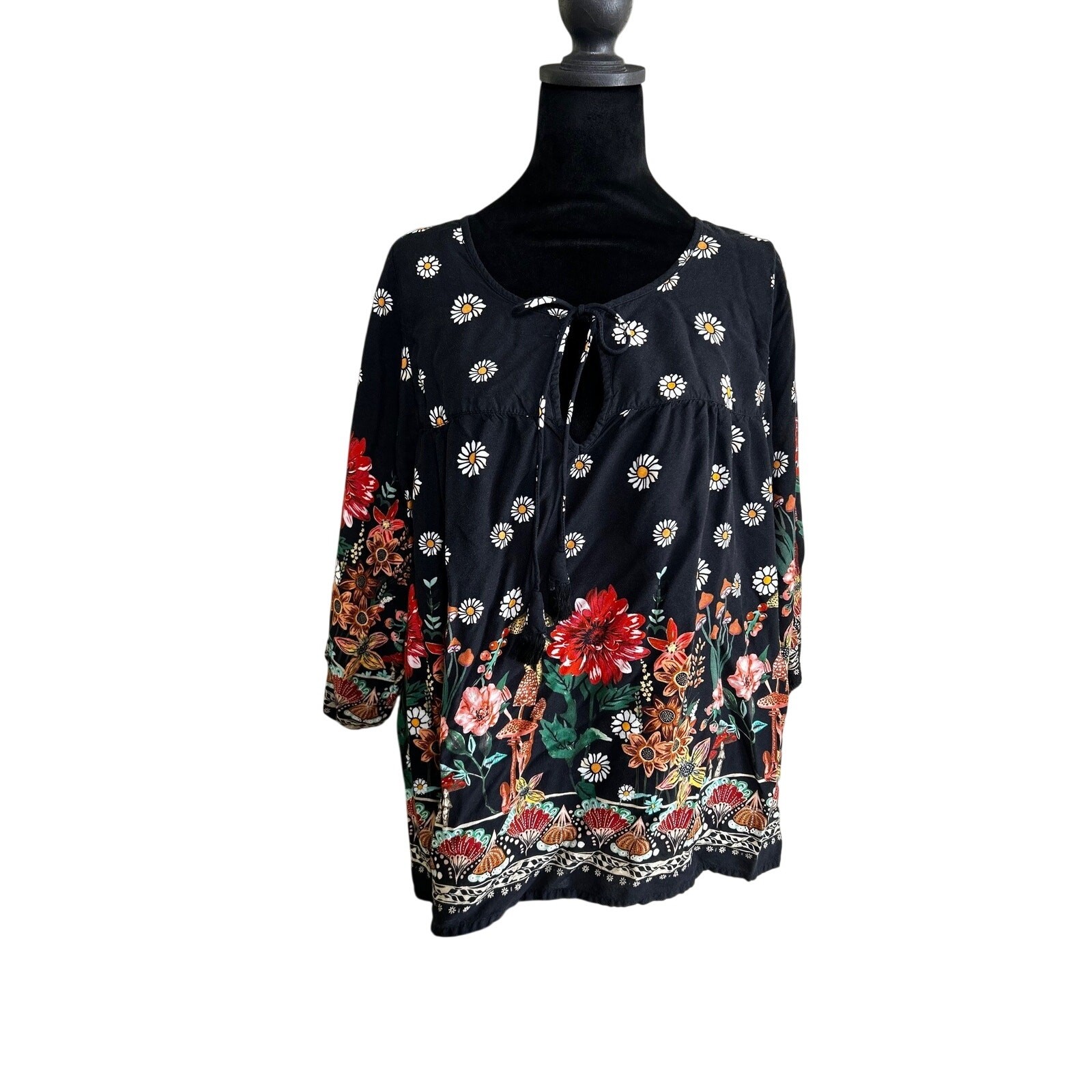 Natural Life Blouse Womens Large Black Floral Boho Peasant Top Long Sleeve