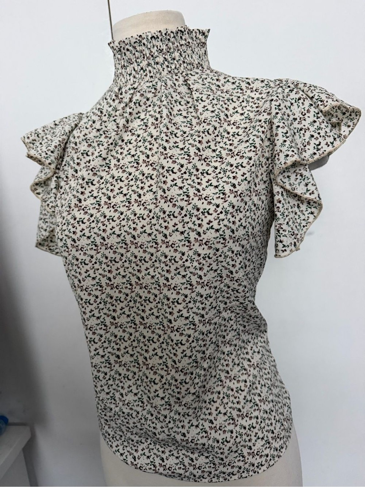 Cream Floral Smocked High-Neck Ruffle Sleeve Top