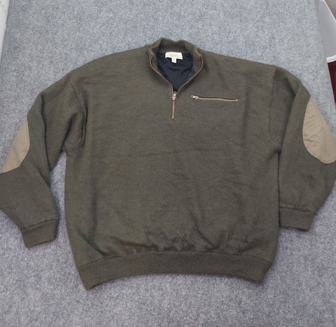 Cabelas Windshear Wool Sweater Mens 3XLT Olive Green Elbow Patches 1/4 Zip READ