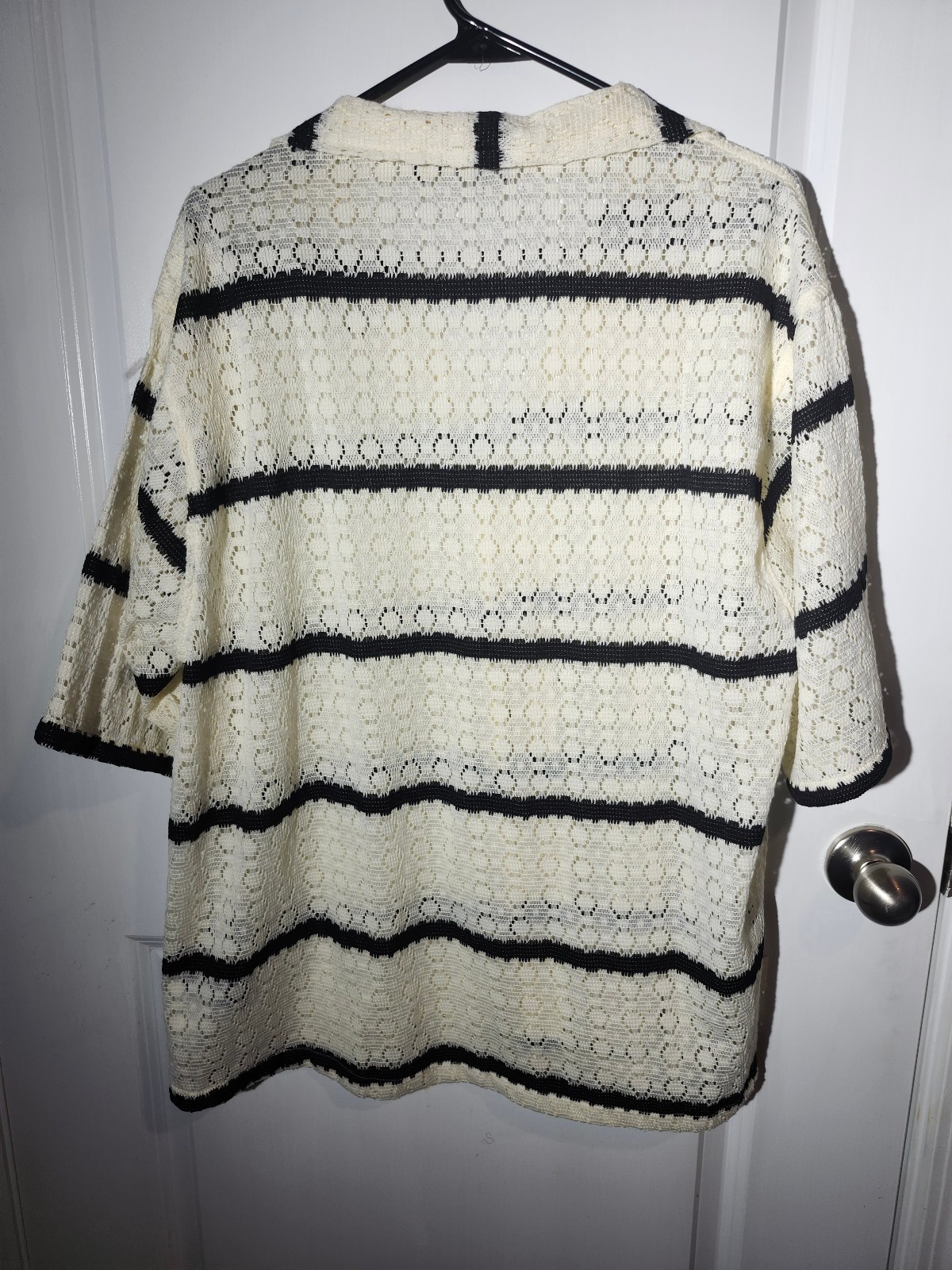 Las Veritas Lace Mesh Button Up Shirt Cream Black Striped Collared Top Sz XL
