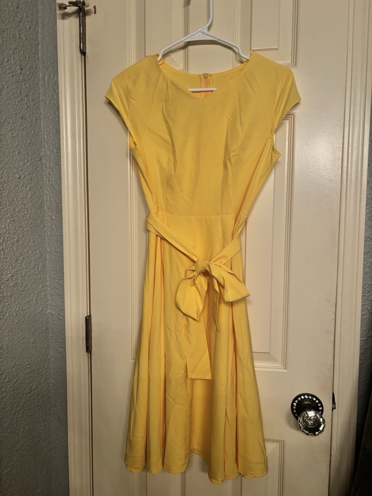 Yellow 100% Cotton A-Line Knee Length Cap Sleeve Round Neck Bow Belt Dress S