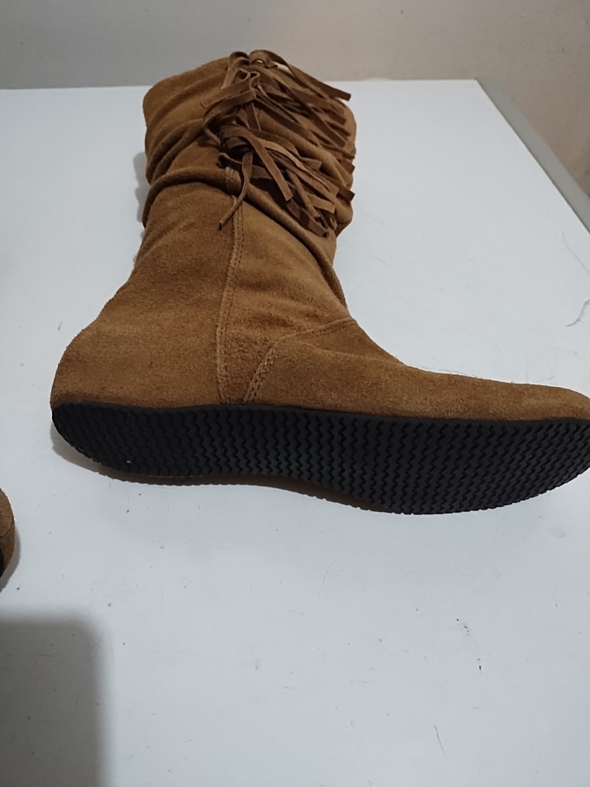 Aldo Size 39 Brown Suede Flat Boots With Side Fringe 12 And 1/2 In High