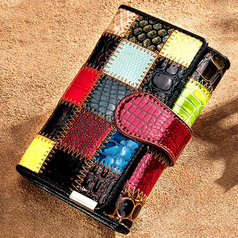 100% Genuine Leather Colorful Blocks Patchwork Clutch Women’s Long/Short Wallet