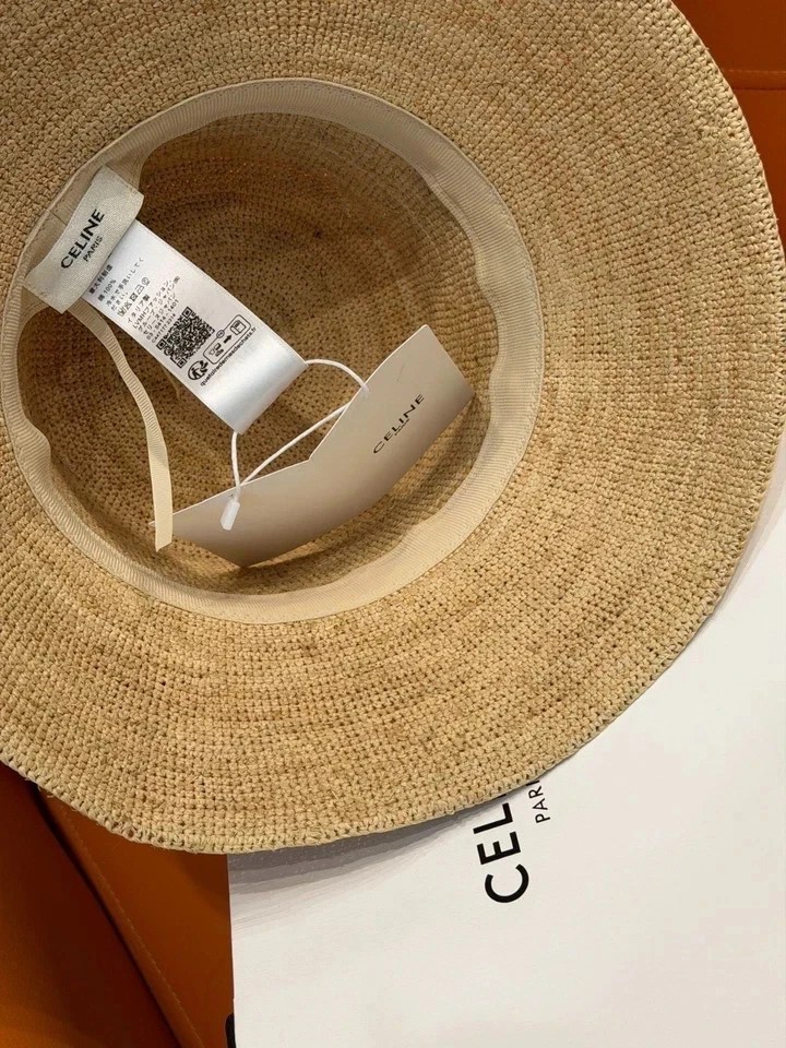 Celine Bucket Raffia Bucket Hat White Triomphe Logo Women Summer Sun Hat