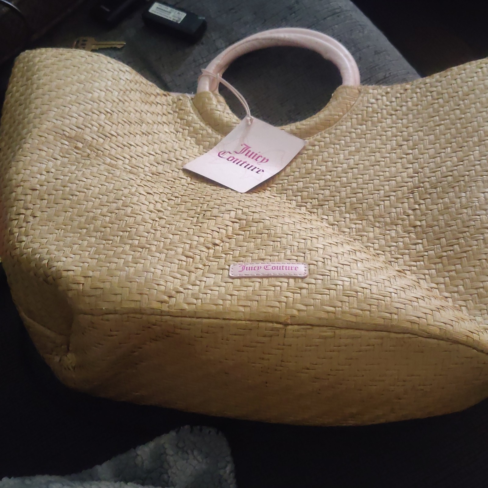 Juicy Couture Women’s Beach Tote Beige Woven Pattern Pink Top Handles Logo