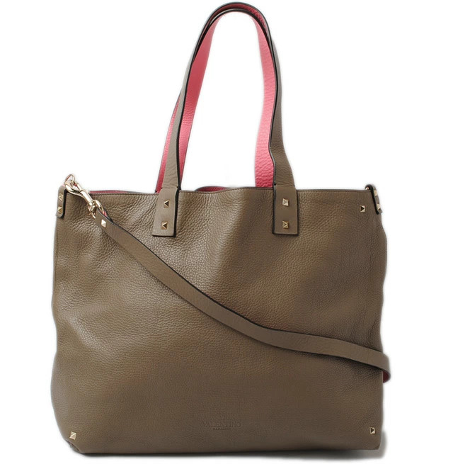 Valentino Rockstud Reversible Beige Fuchsia 2way Tote Leather Unisex Bag #PTB078