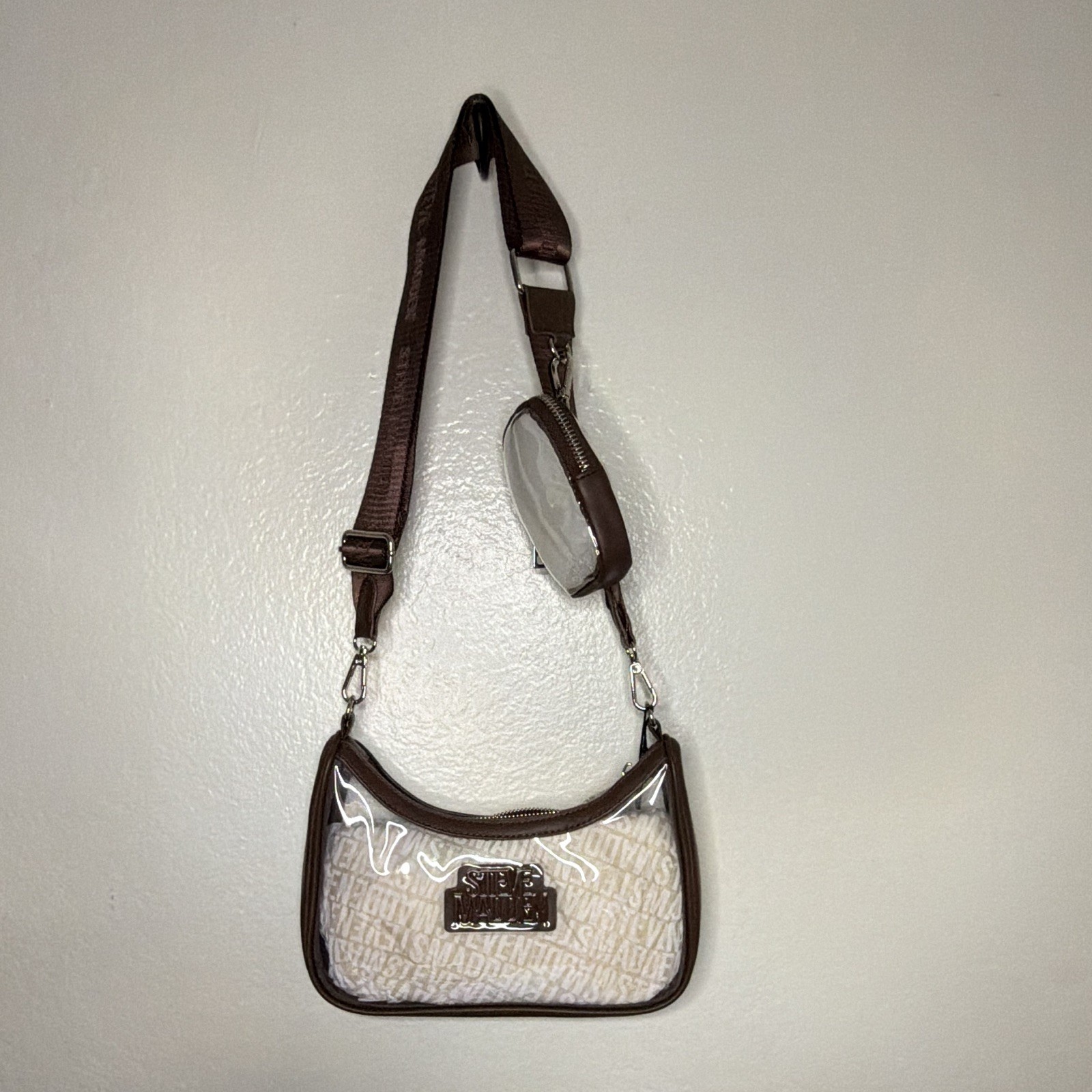 Steve Madden Small Brown Beige Logo Coated Crossbody Bag Zip, Detachable Strap