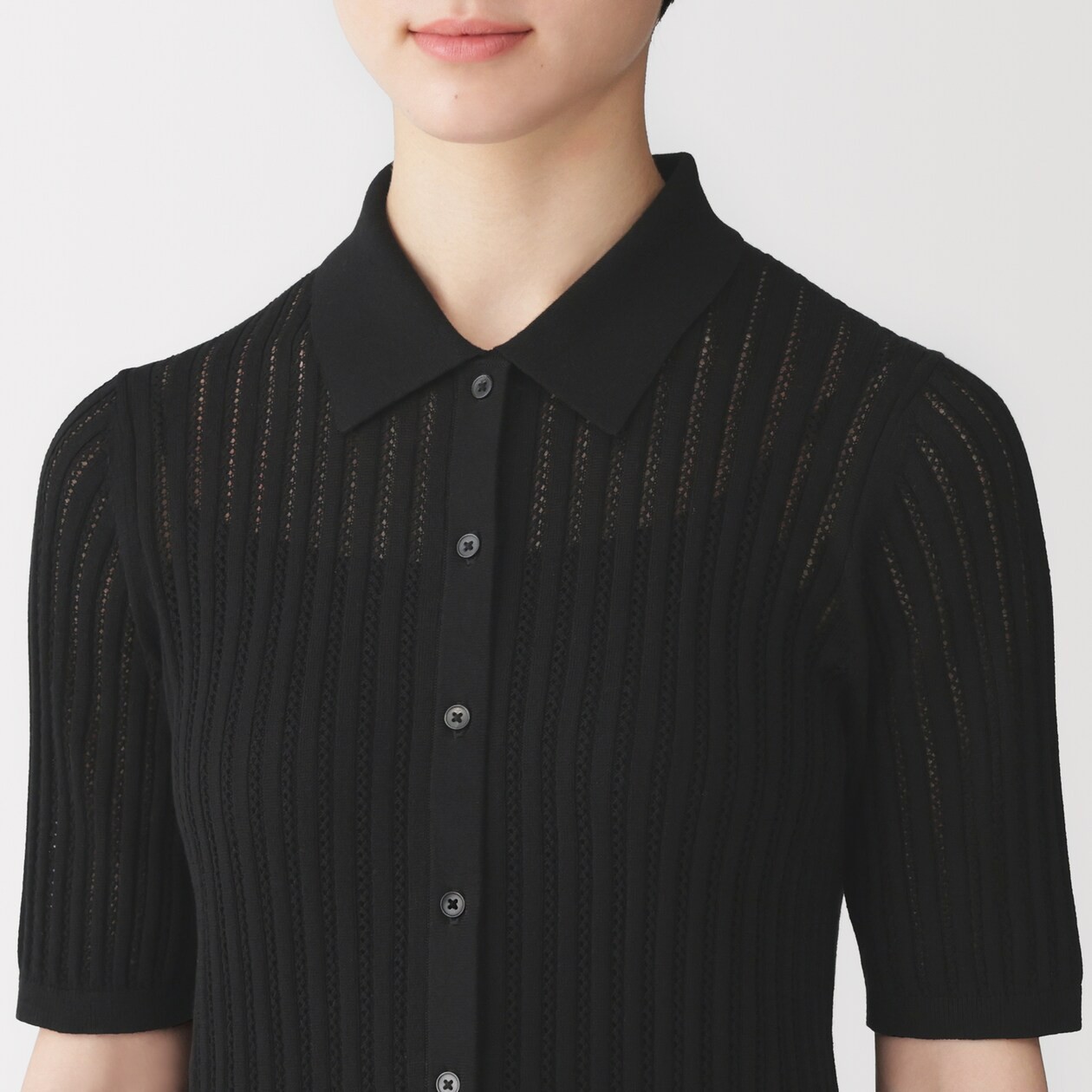 MUJI Smooth Ribbed See-through 1/2 Sleeve Polo Cardigan Smoky Blue FedEx