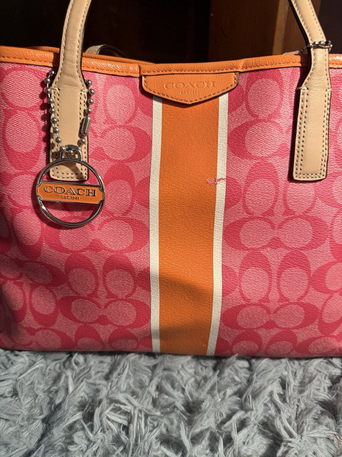 Coach Signature Logo Tote Bag Pink/Orange Zip Closure Large w/ Bag Charm