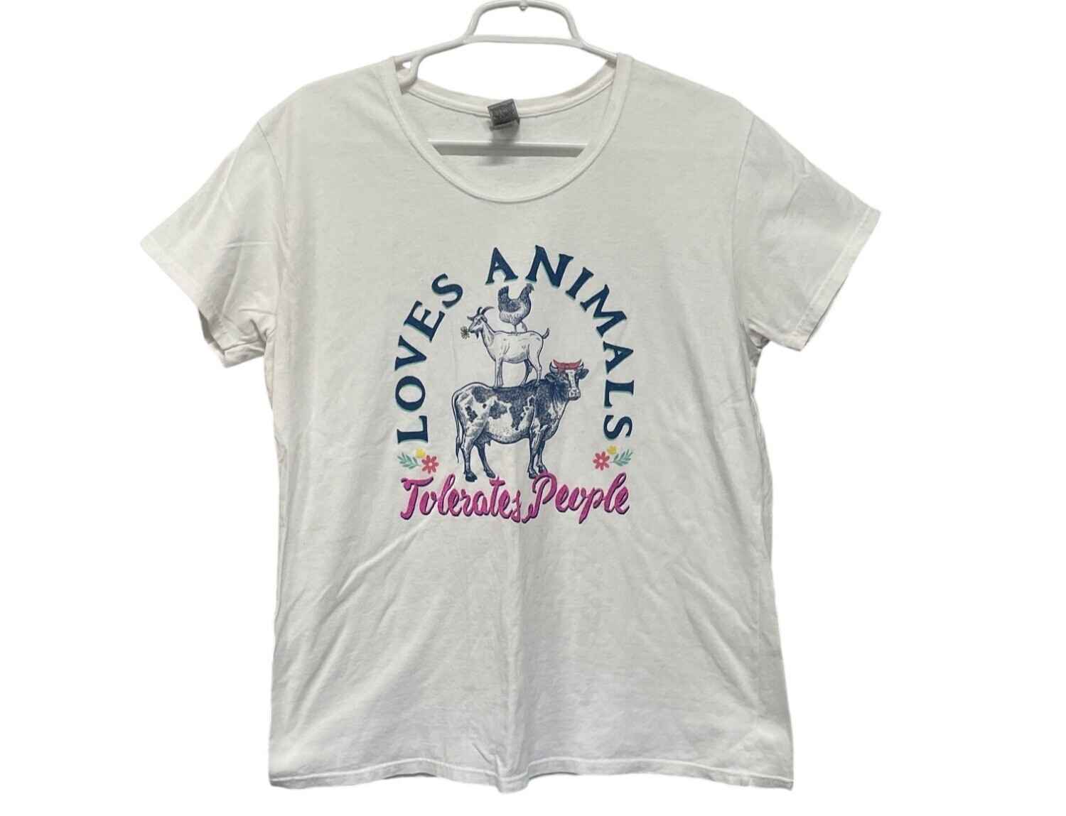 Loves Animals Tolerates People White Graphic T-Shirt Gildan XL Cotton Blend
