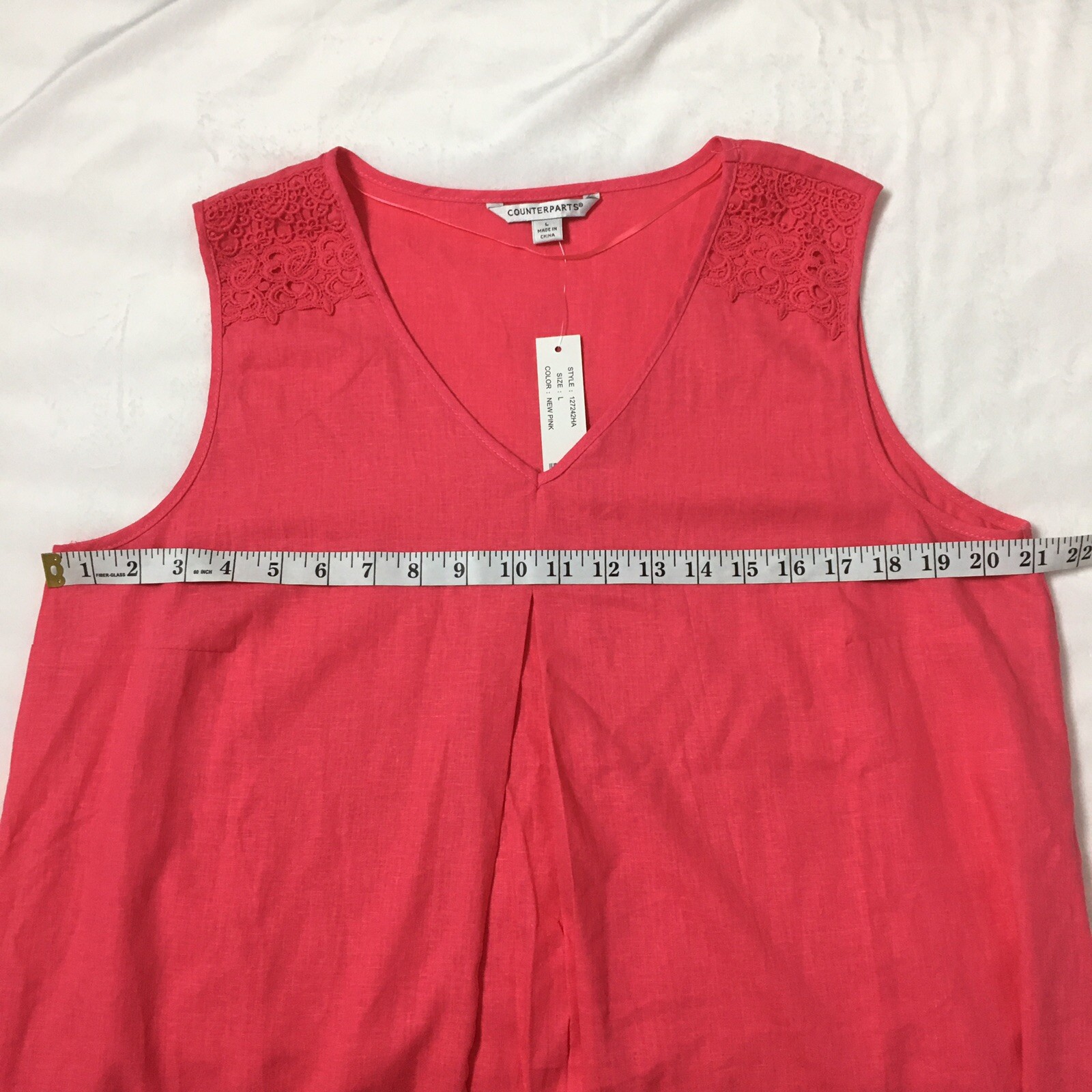 Counterparts Blouse Size L Pink Coral Crochet Linen Blend Sleeveless Slits Boho