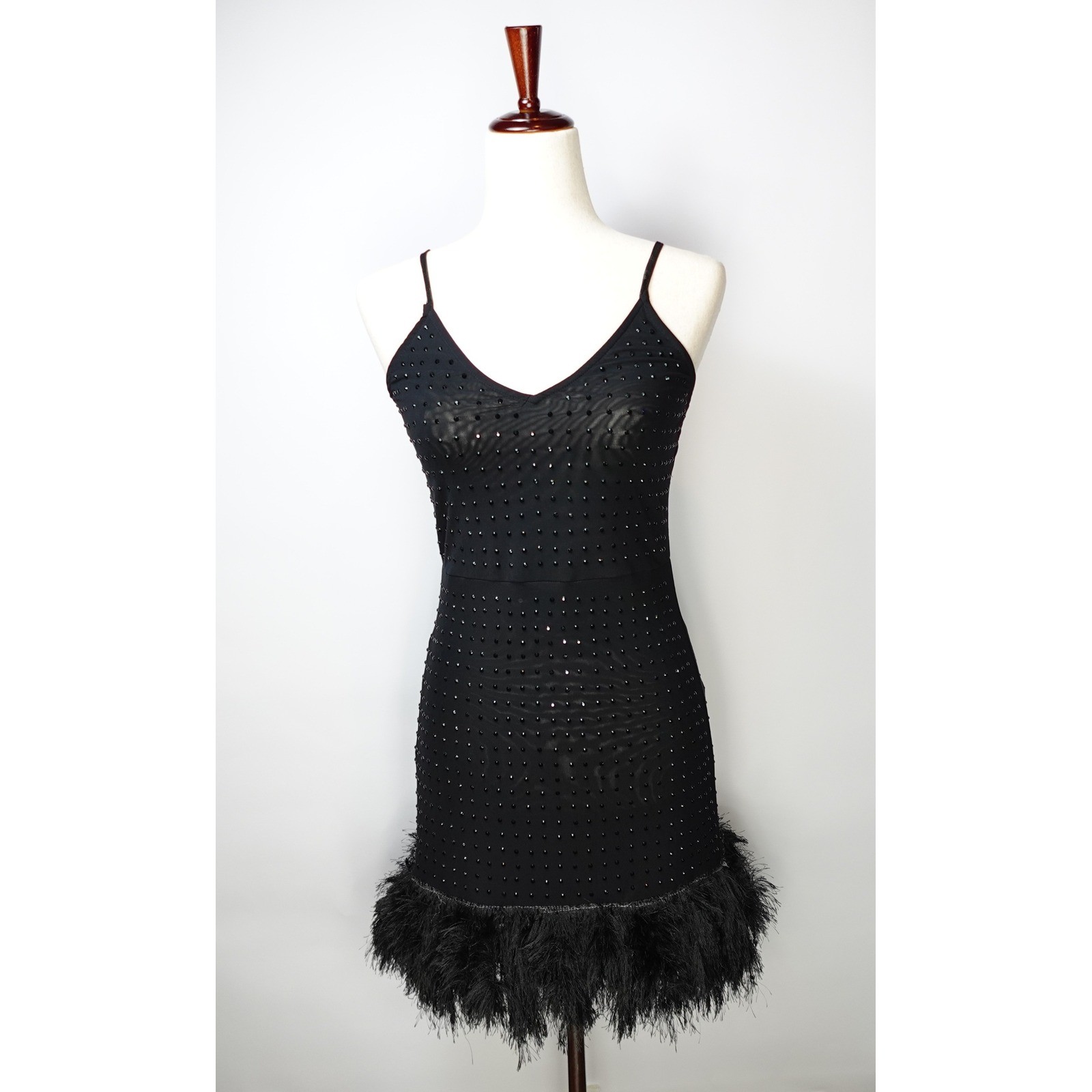 Miss Selfridge ASOS Black Embellished Cami Mini Dress Faux Feather Hem Studded