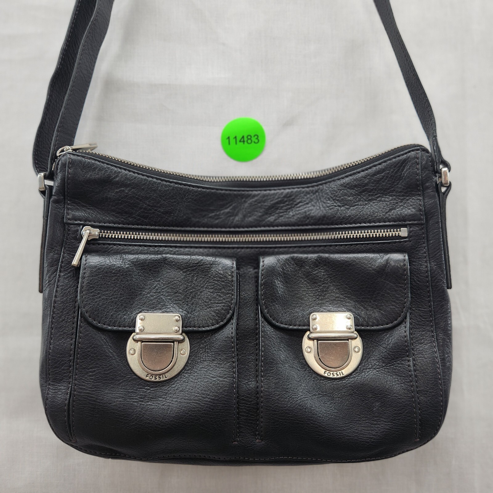 Fossil Purse Riley Genuine Leather Black Push Lock Cross Body Shoulder Bag