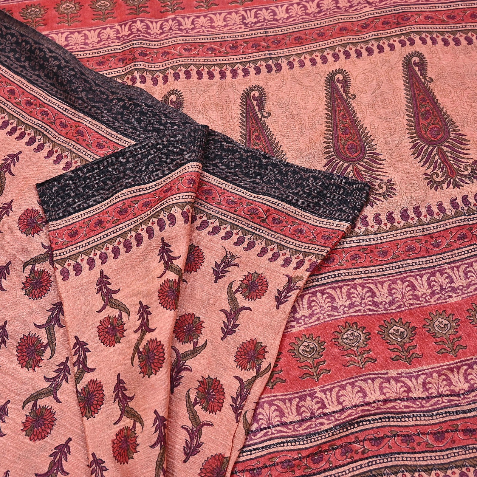 Vintage Peach Wool Saree Indian Pure Woolen Woven Floral Fabric 6Yard Soft Warm