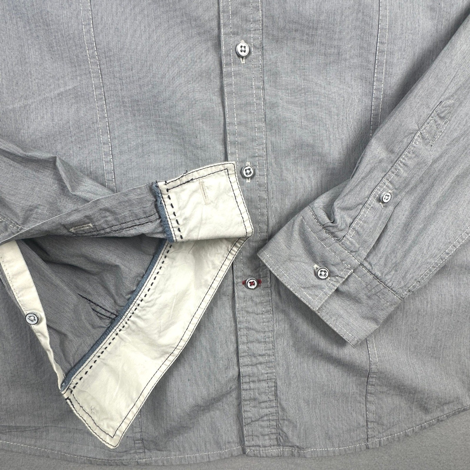 Guess Los Angeles Mens XXL Grey Pinstripe Military Button Down Shirt Epaulettes