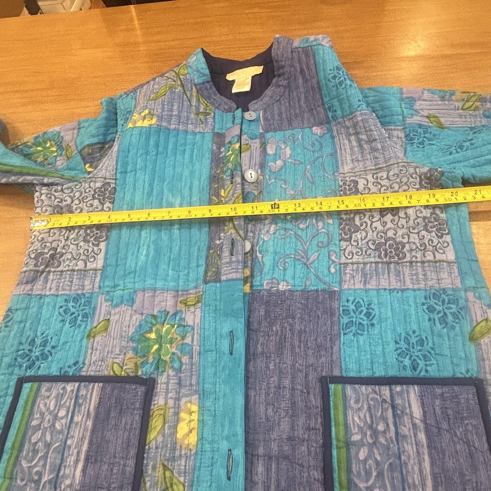 La Cera Jacket Womens Medium Blue Cotton Quilted Reversible Boho Floral Pockets