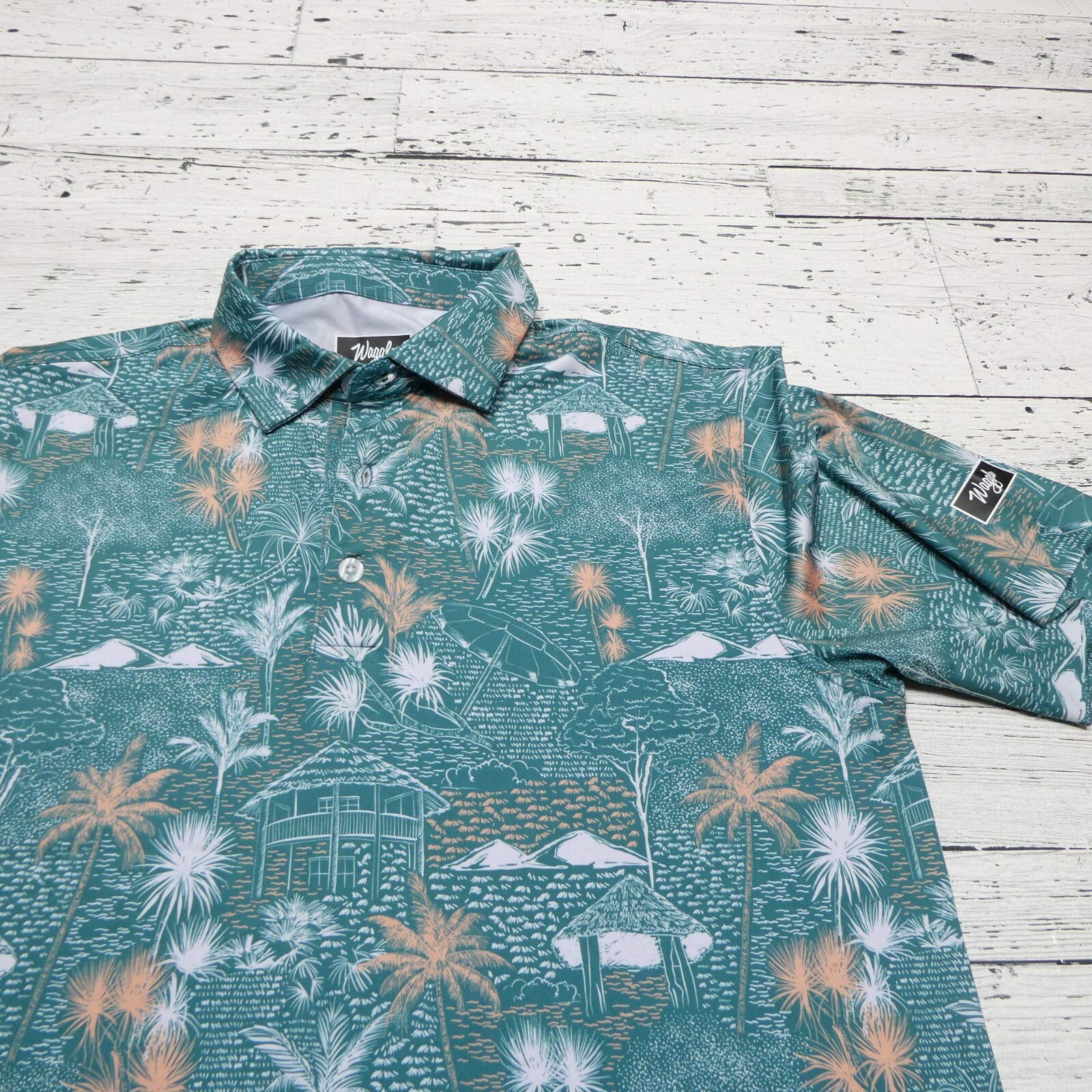 Waggle Polo Shirt Mens M Green Tropical Island Cabana Print Polyester Stretch
