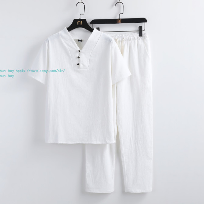 New Men Linen Set 2pcs Button Shirts Drawstring Pants Sets Summer Beach Outfits