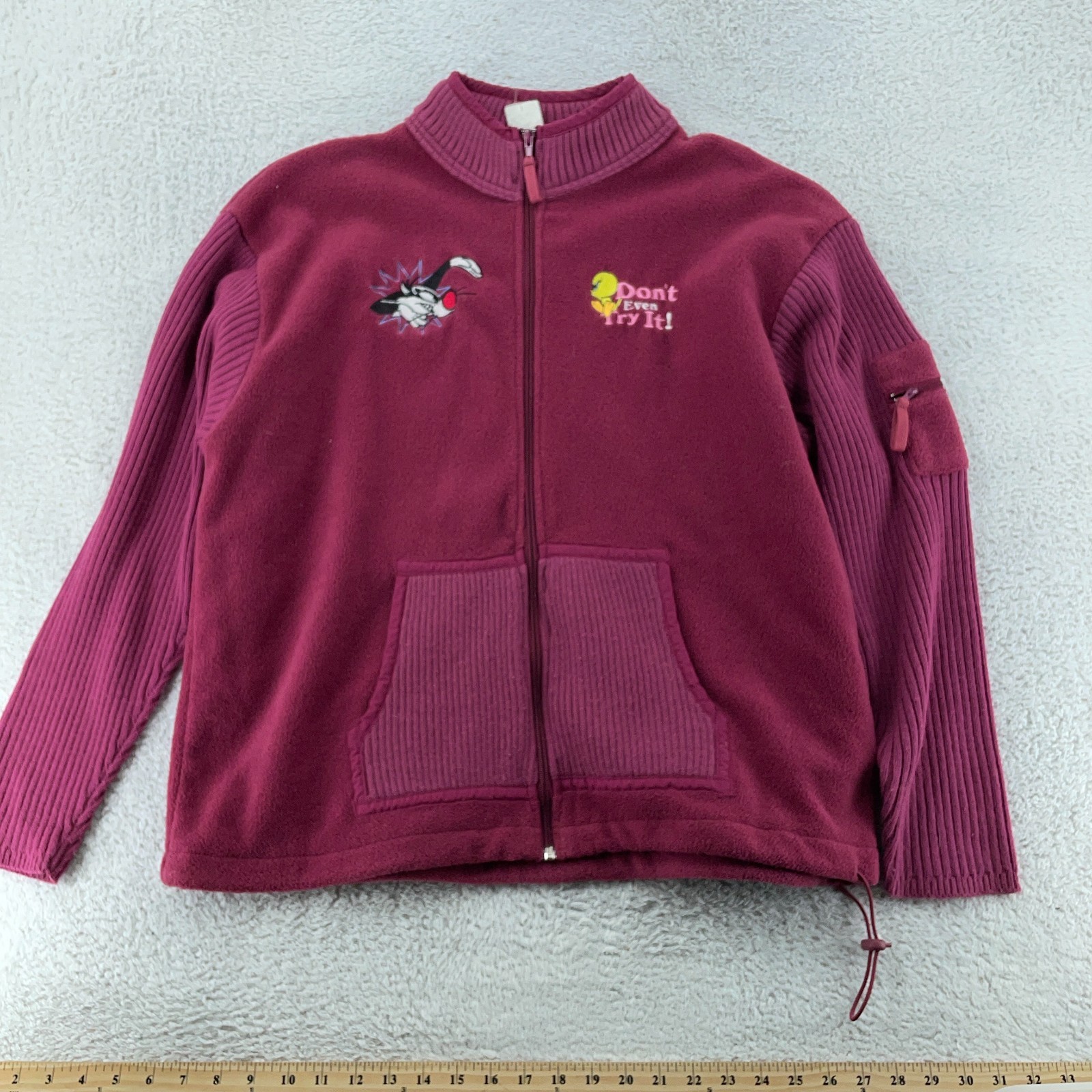 Vtg Looney Tunes Fleece Jacket Womens XL Burgundy Sylvester Cat Full Zip