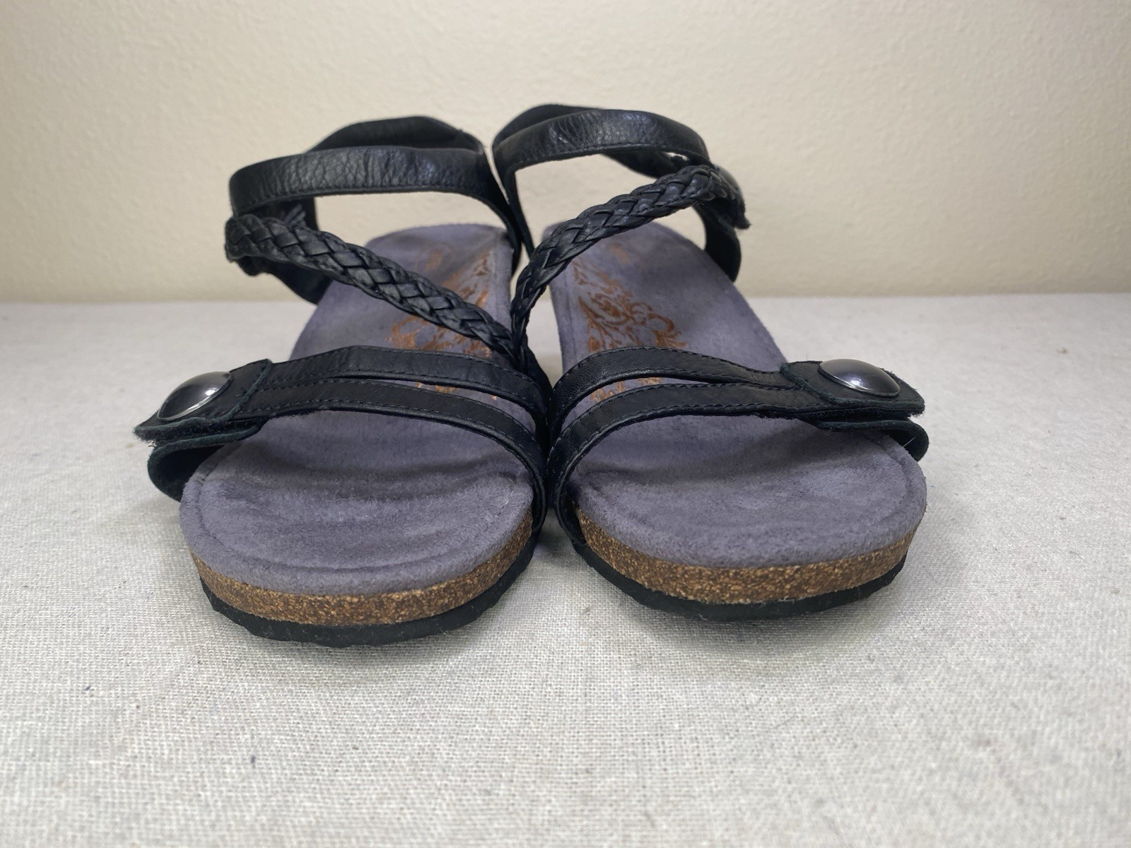 Aetrex Naya Black Leather Braided Strap Comfort Sandals Womens 8.5 EW450W