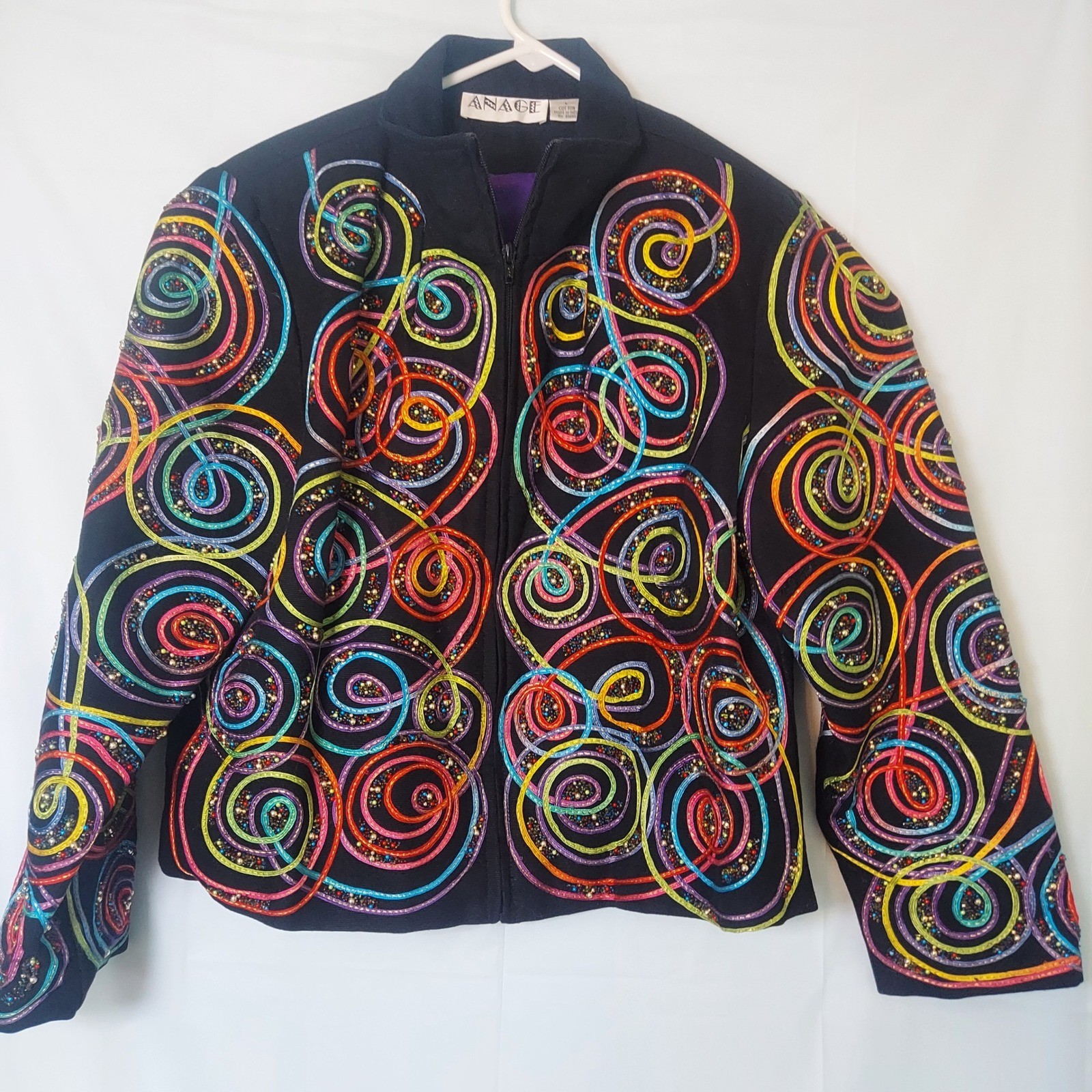 ANAGE Black Cotton Jacket Women’s L Colorful Swirl Beaded Embroidery Full Zip