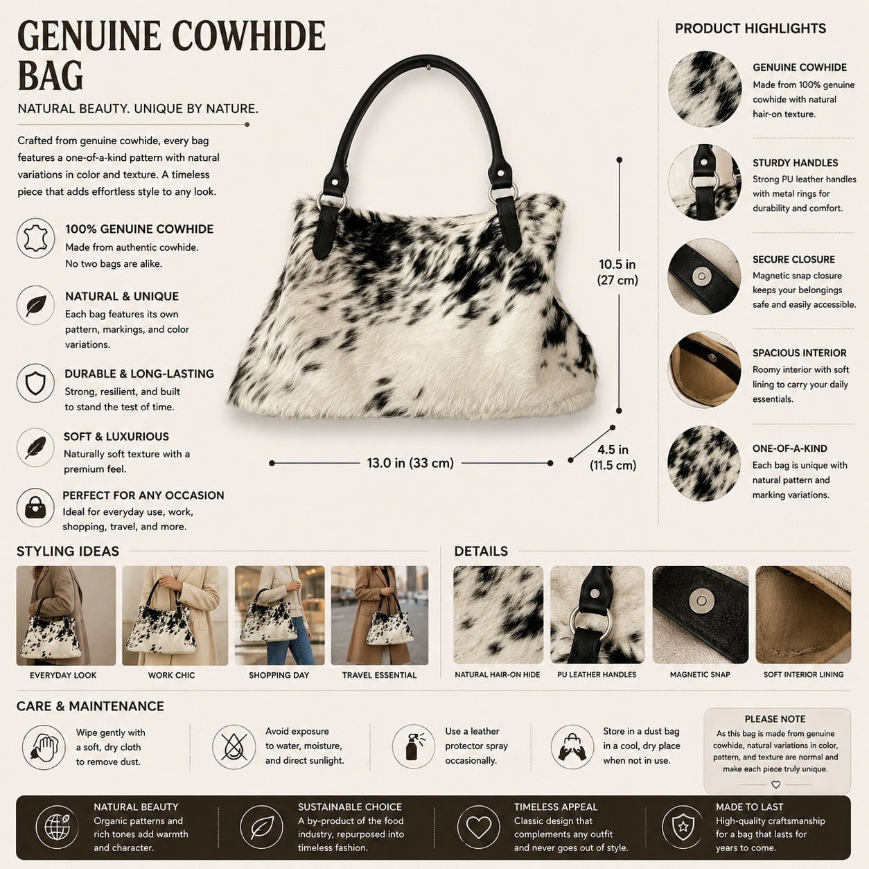 Genuine Cowhide Leather Tote Bag Handmade Brown & White Hair-On Purse new style