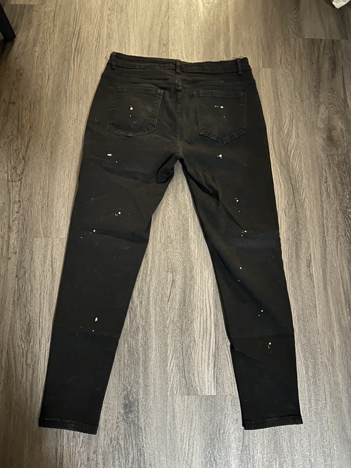 SheIn Men’s Black Straight Distressed Paint Splatter Jeans 5-Pocket Cotton