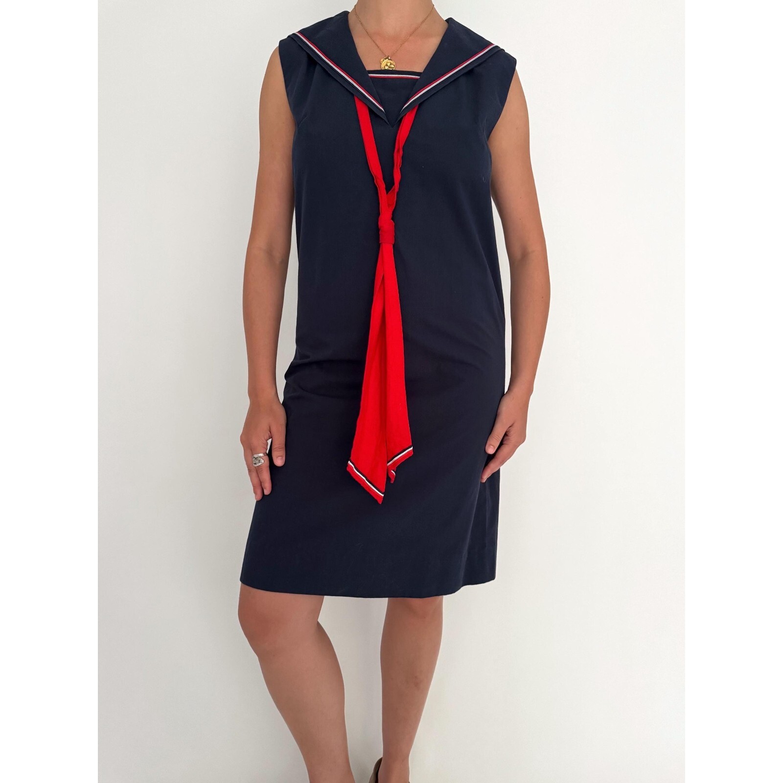70s vintage navy blue nautical sailor collar retro pinup sleeveless midi dress