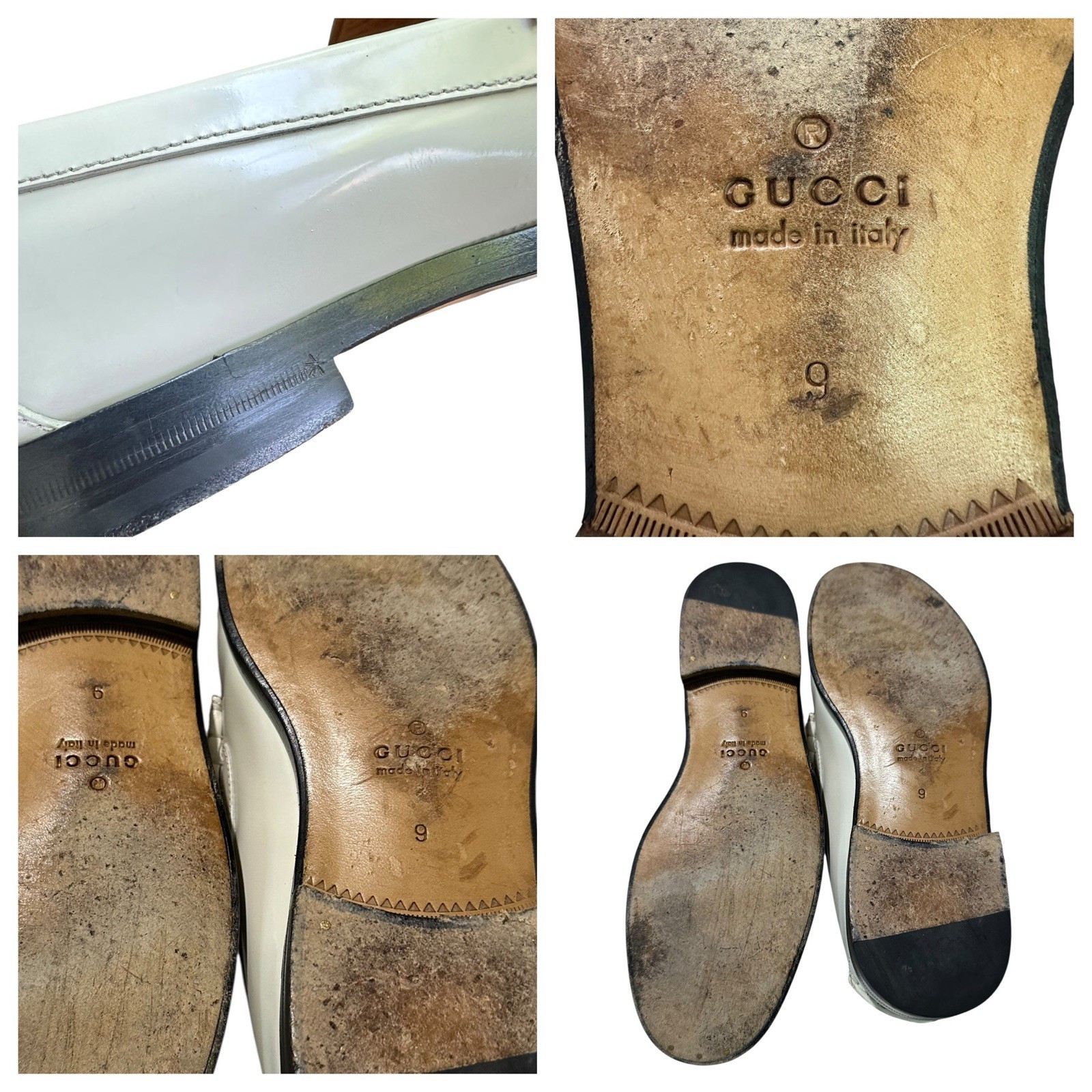 Men Genuine GUCCI Kaveh Webbing White Leather Loafers Shoes GG logo 9.5 US