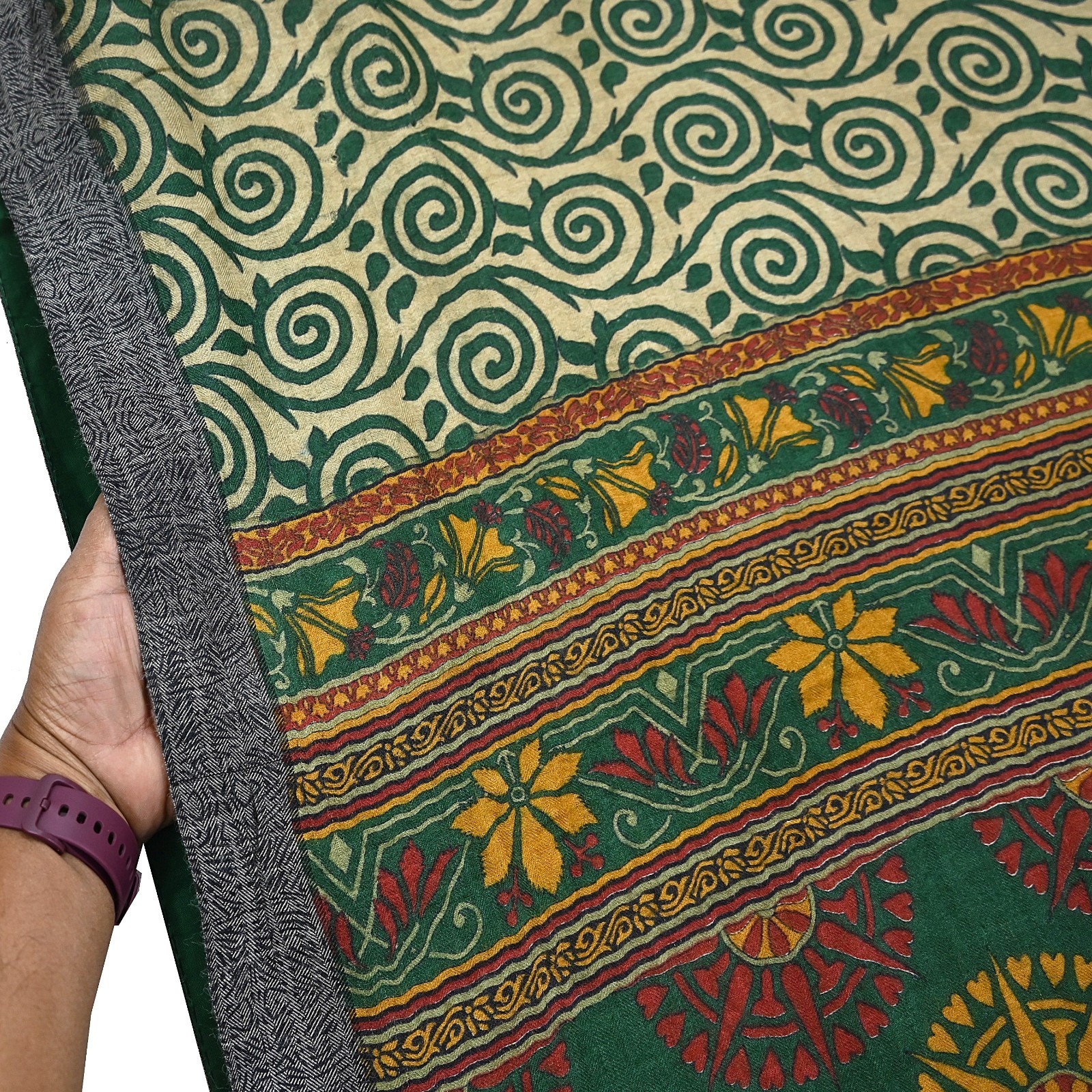 Vintage Beige Green Wool Saree Indian Pure Wool Floral Woven Fabric 6 Yard Soft