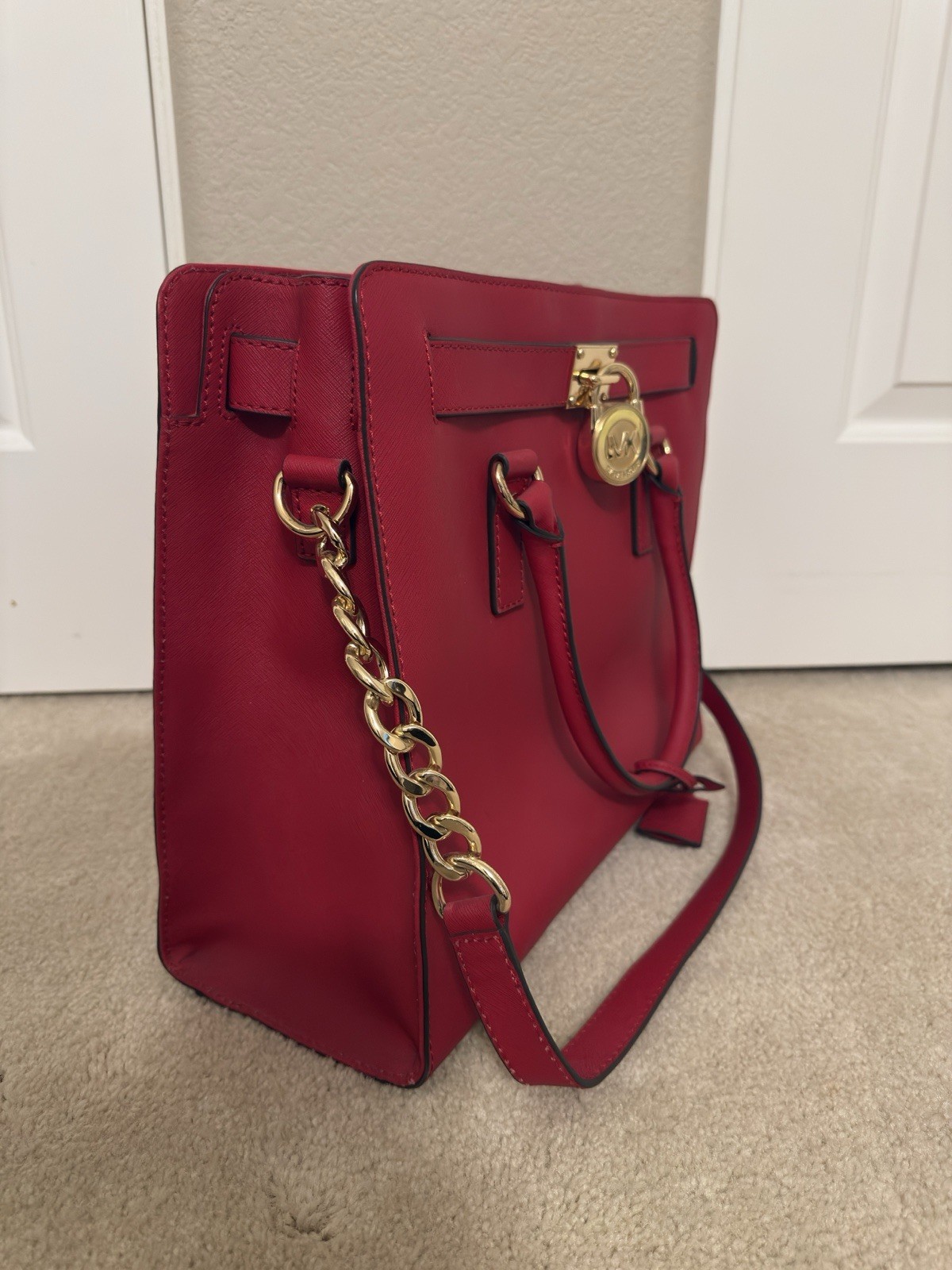 Michael Kors Red Medium Satchel Top Handle Bag Chain Strap Gold Hardware Lock