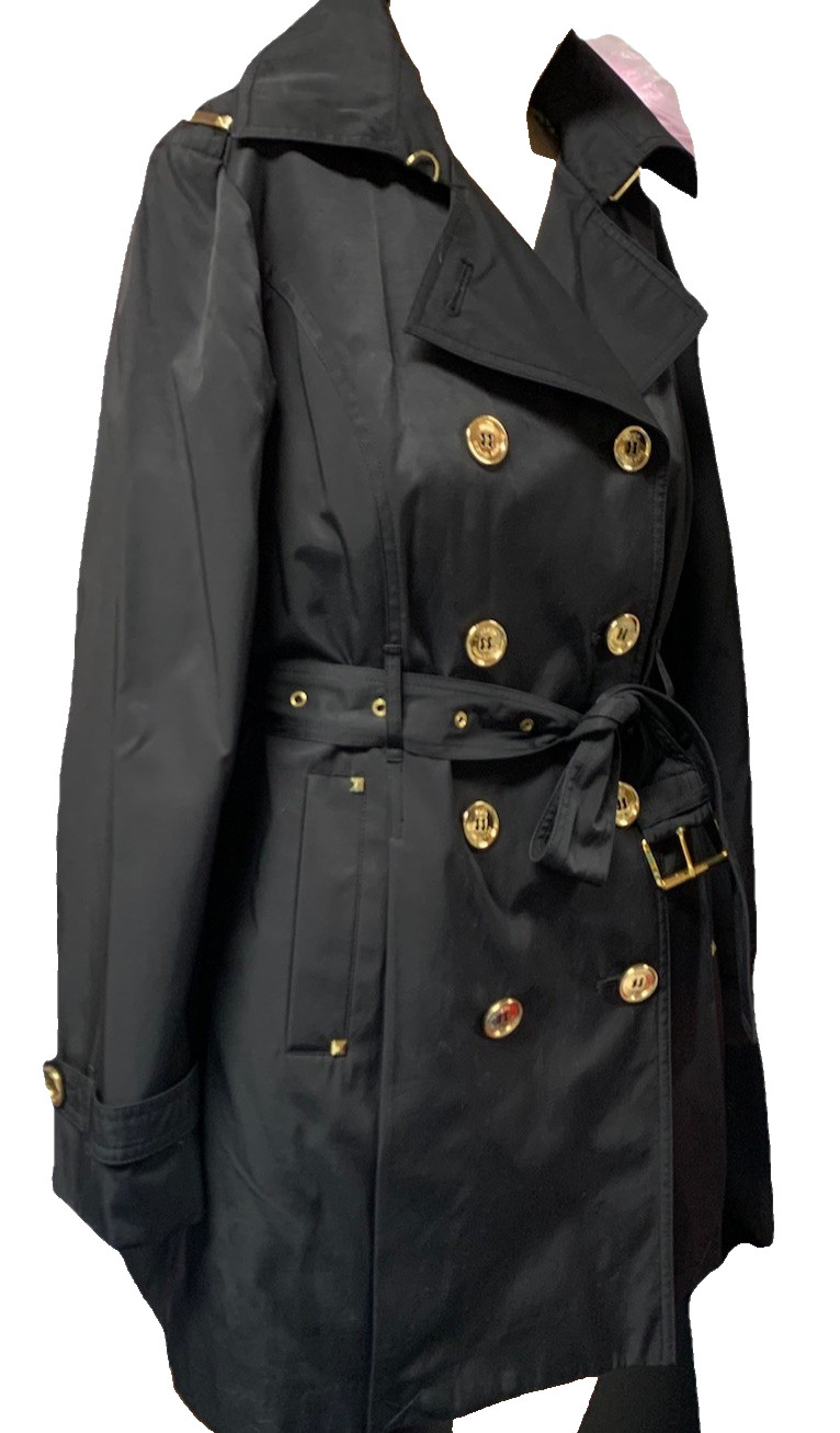 Trench Coat Michael Kors Black Double Breasted Golden Buttons Sz L Women’s