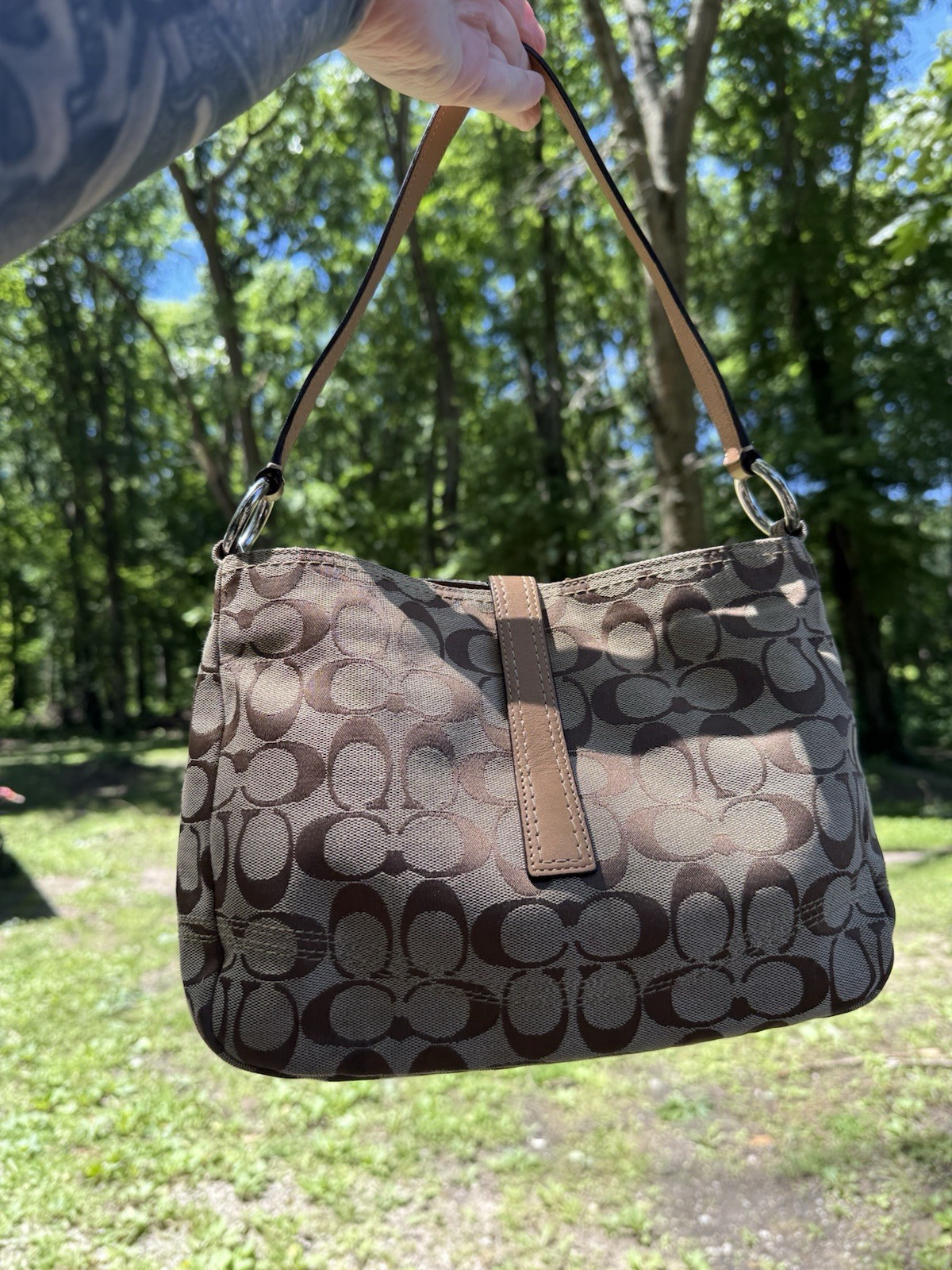 Coach Signature C Monogram Canvas Shoulder Bag Silver Clasp Y2K Brown Leather