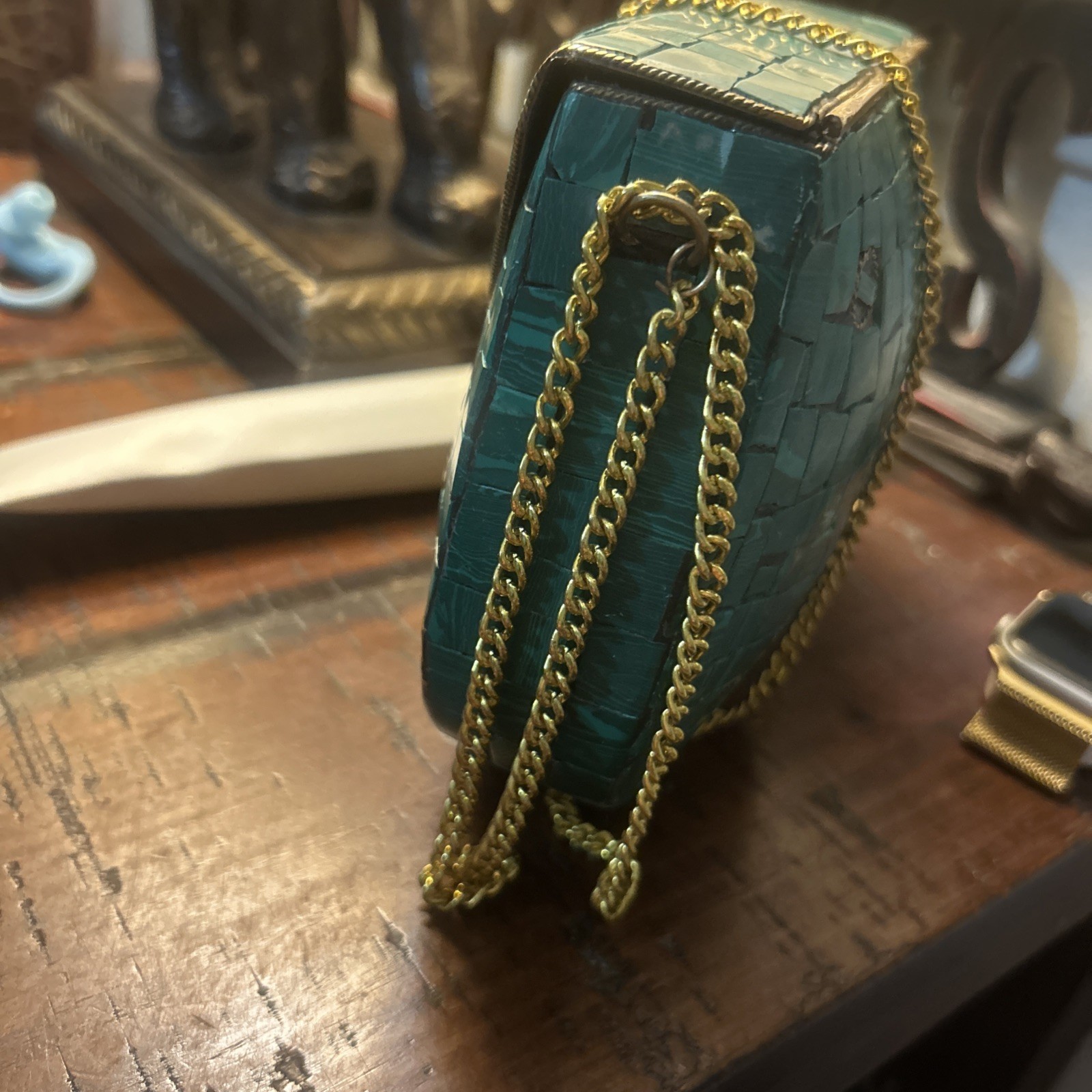 Unique Handcrafted Indian Handbag/ Turquoise Mosaic Stne Gld and Coper Details