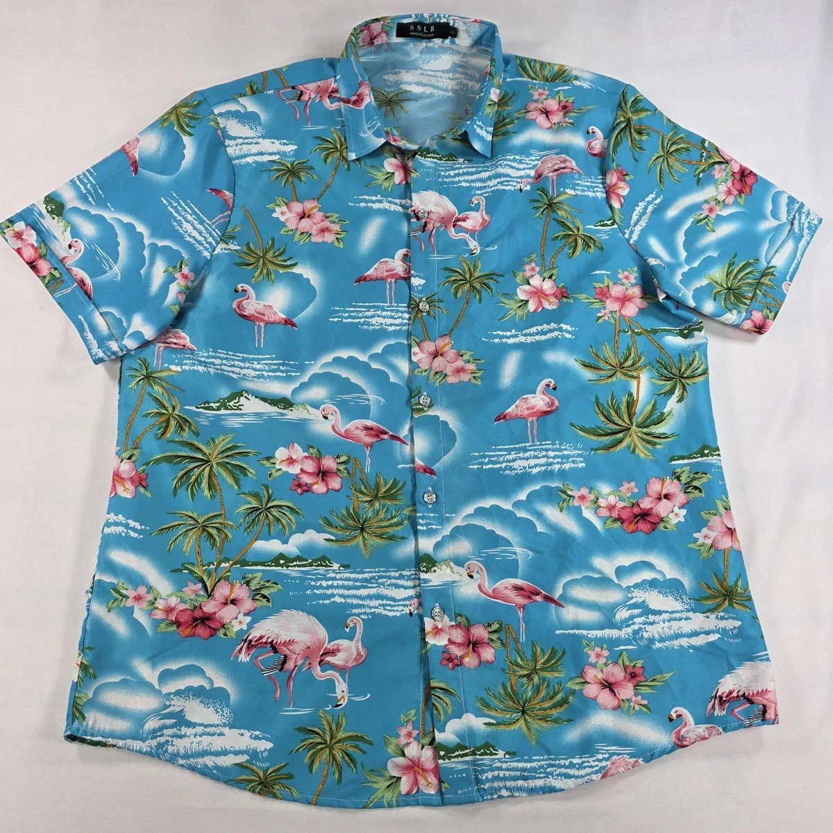 SSLR Mens L Hawaiian Shirt Blue Pink Flamingo Polyester Wrinkle Resistant Quick