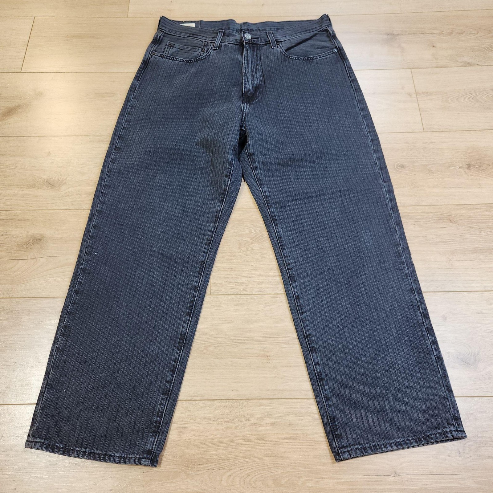 Levis Premium 568 Jeans Mens 34×30 Black Gray Herringbone Loose Straight Denim