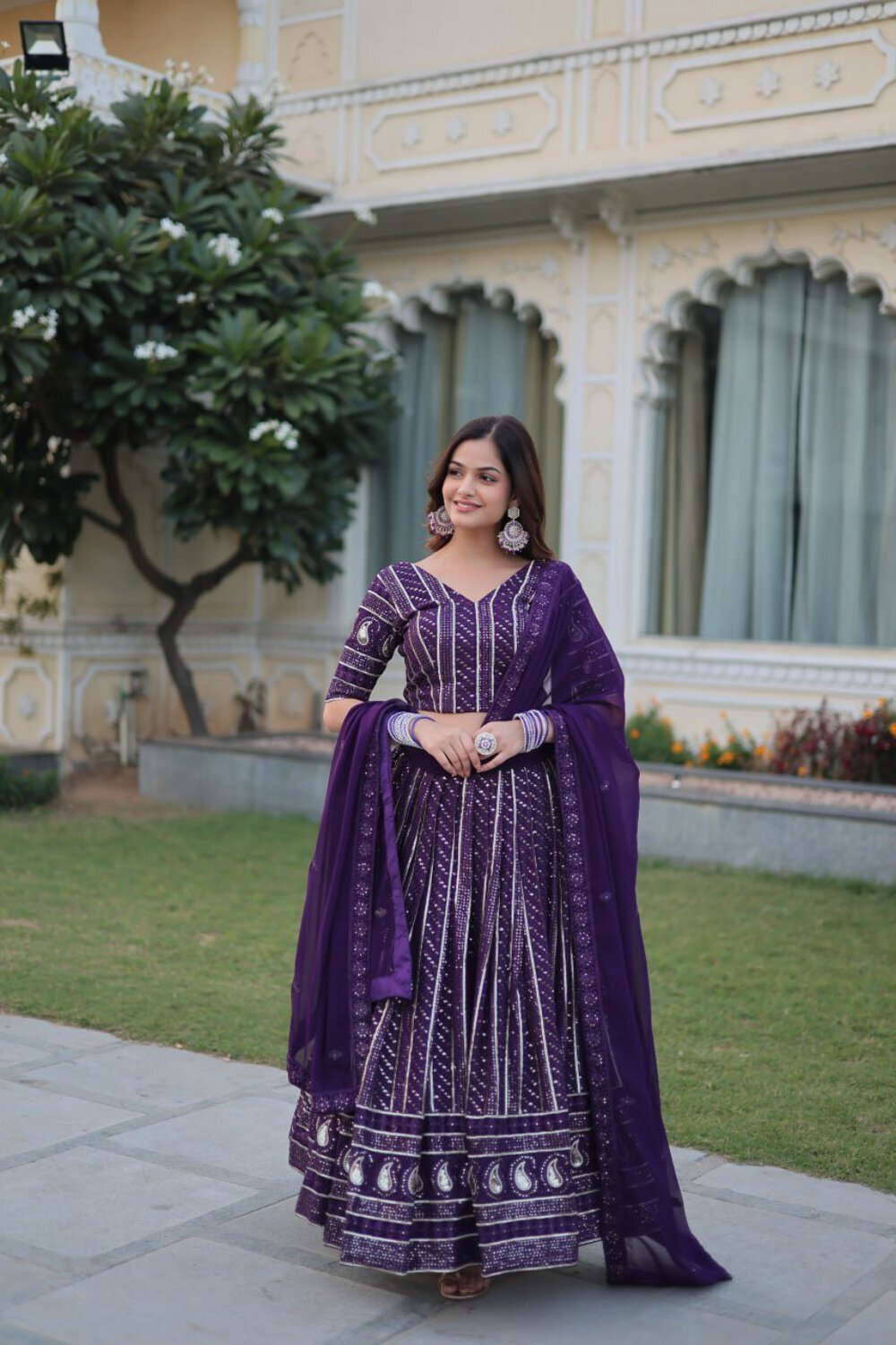 Purple Designer Dyeable Pure Viscose Jacquard fabric Lehenga Choli & Dupatta Set