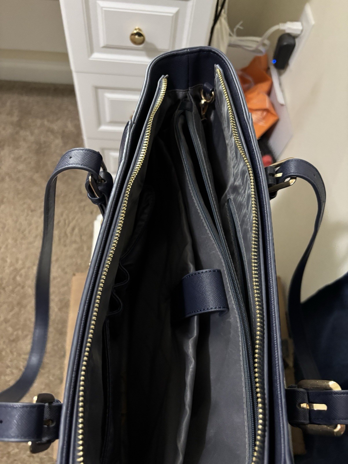 LOVEVOOK Navy Large Tote Zip Top w/ Gold Hardware, Detachable Strap, Pockets