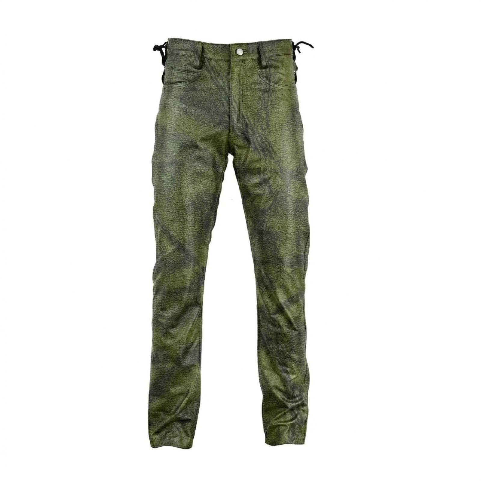 Hand Waxed Green Black Camouflage Look Men’s Cowhide Leather Pant Laces Pants