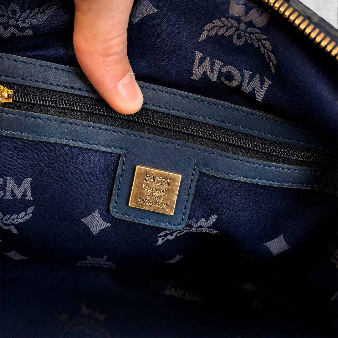 MCM Bag Luxury Black Patent Monogram Satchel Boston Bag Gold Hardware Glossy