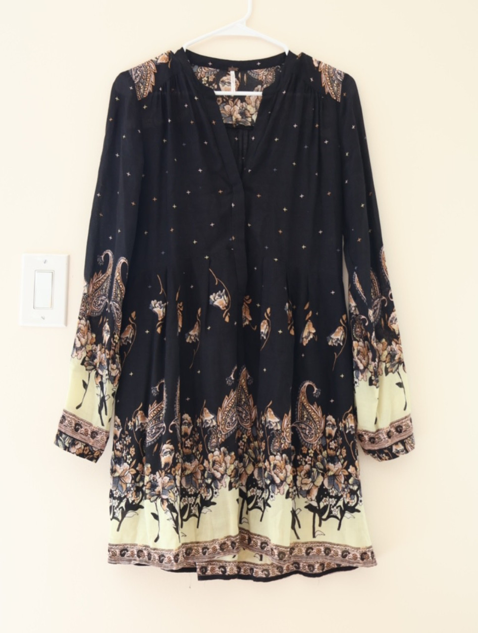Free People Sierra Valley Black Floral Paisley Celestial Tunic Dress Size S Boho