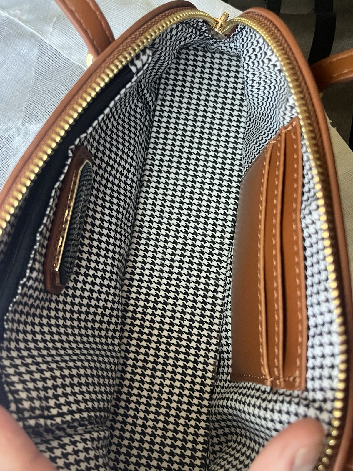 Madison West Brown Semi-Circle Shoulder Bag Zip Gold Hardware Pockets