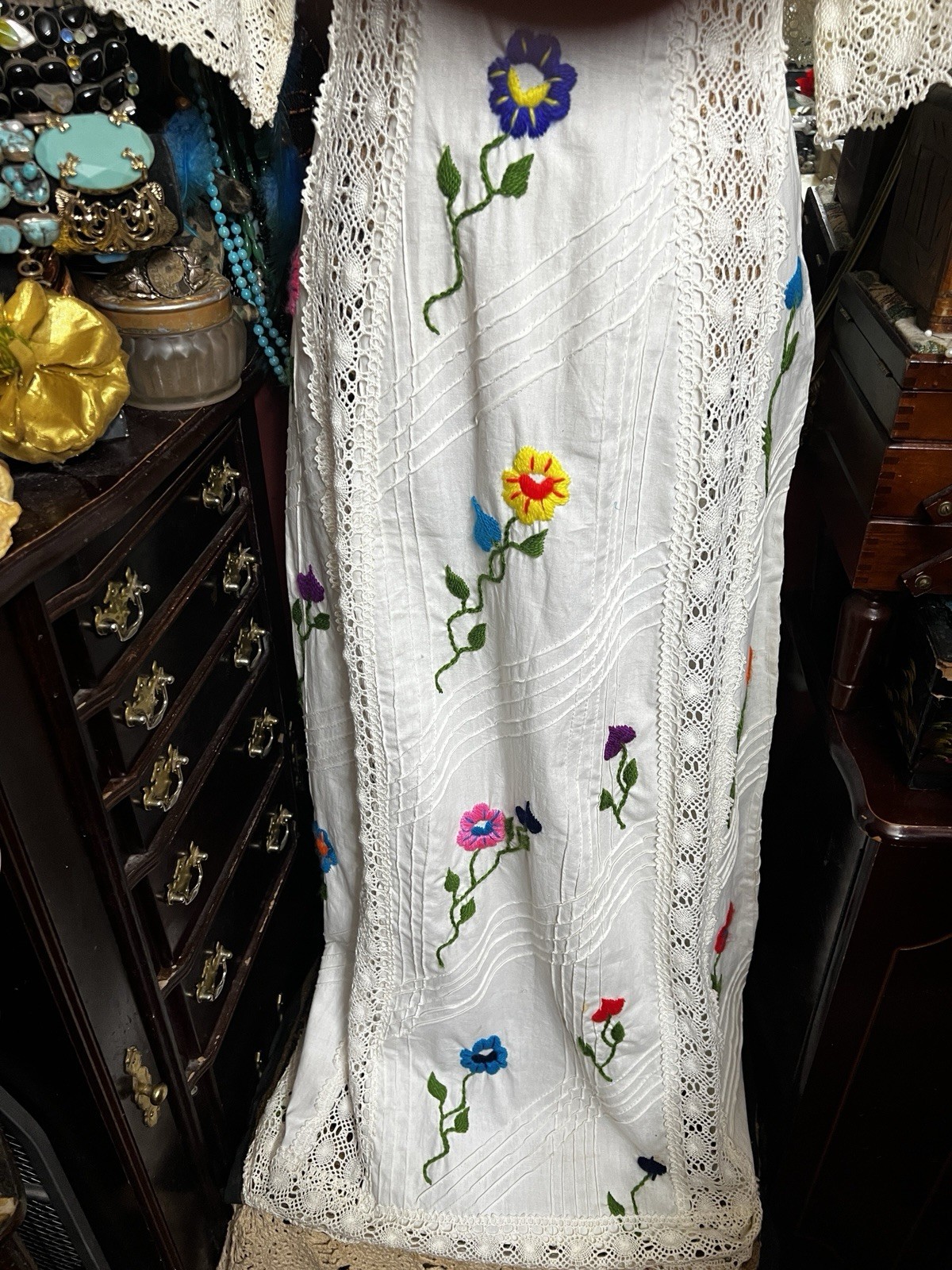 Beautiful White Pin tuck With Multi Color Embroidery & Ivory Crochet Dress S/M