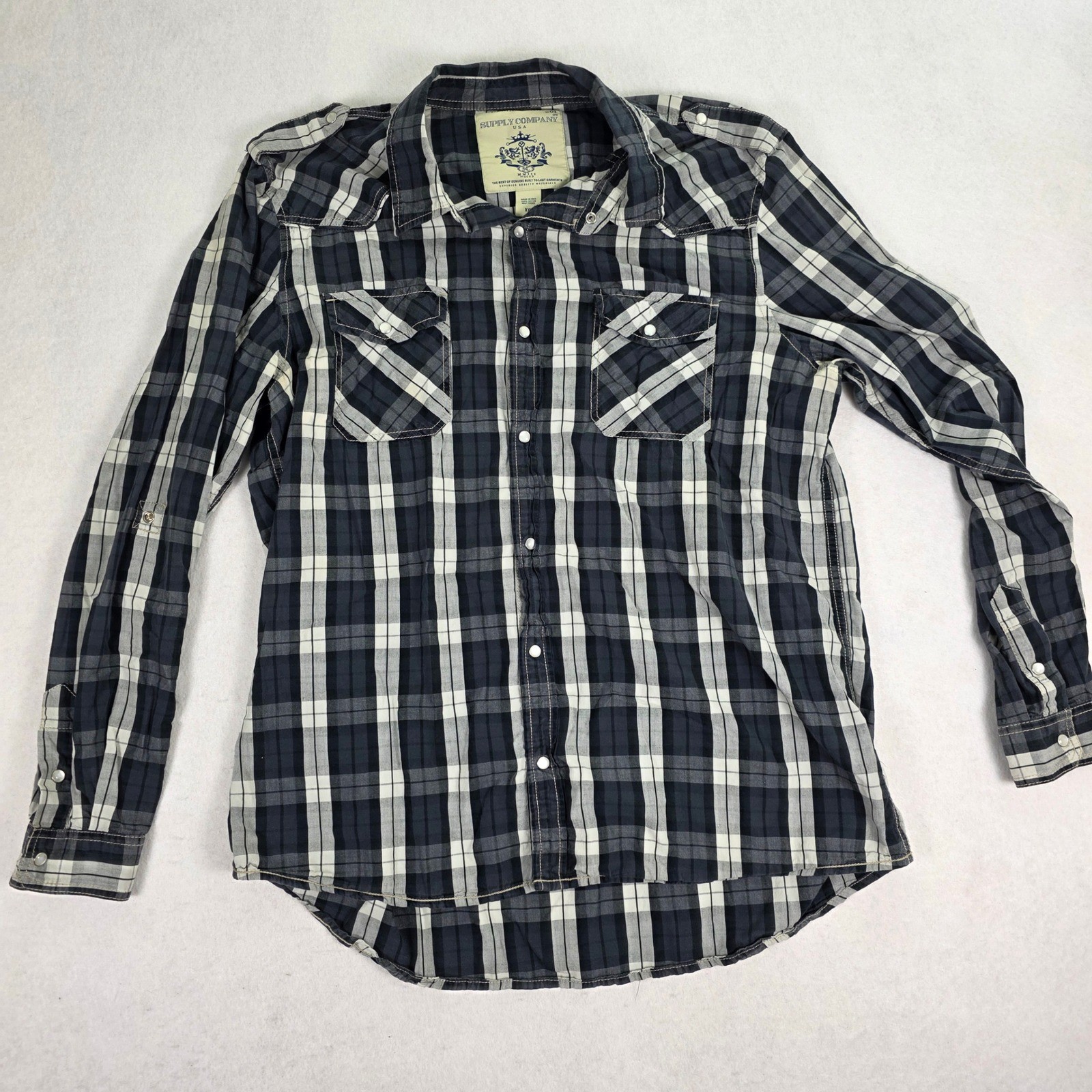 Supply Company USA Mens XXL Plaid Snap Front Western Shirt NavyWhite Cotton