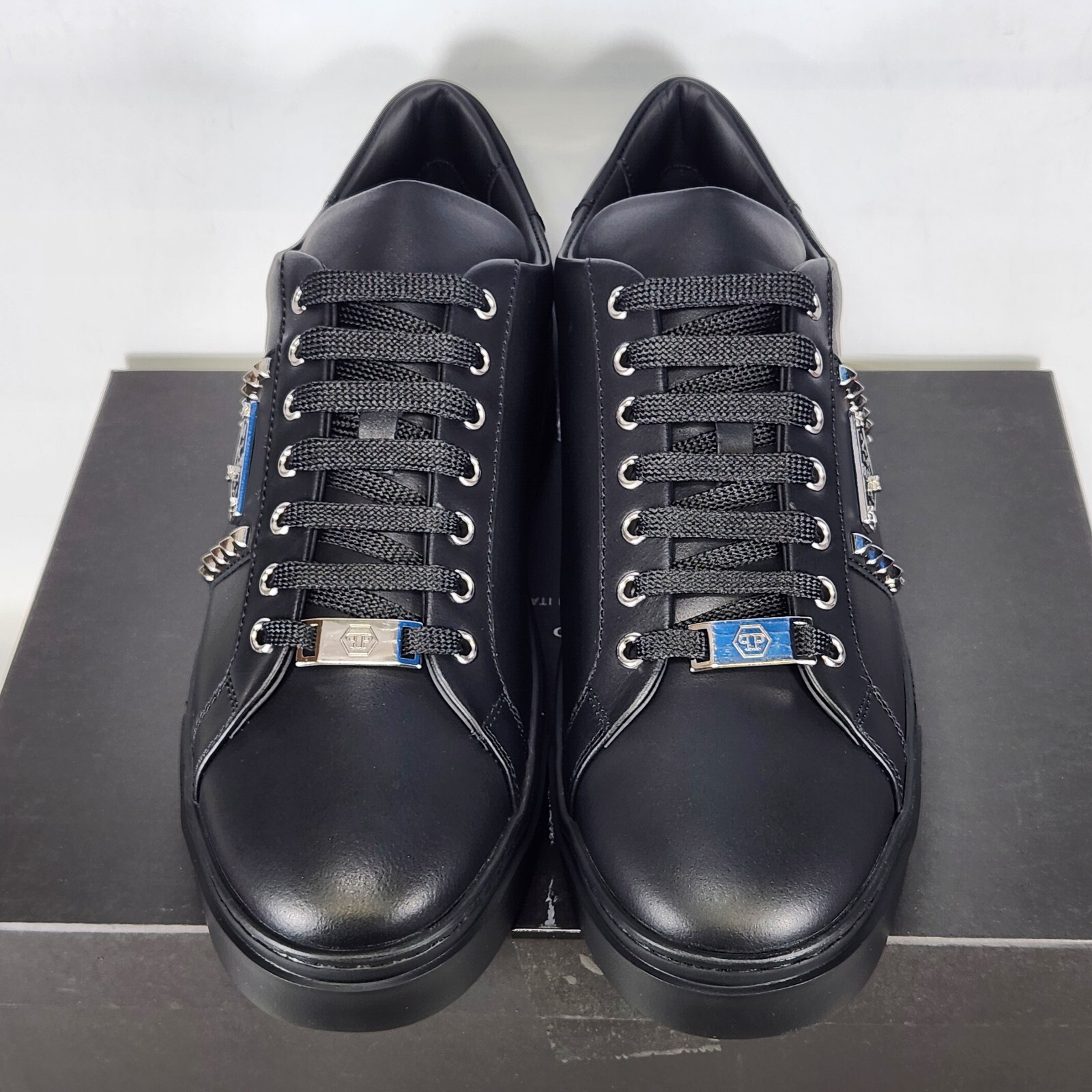 Size 10.5 (EU 45) – Philipp Plein Nappa Leather Lo-Top Sneakers Hexagon – Black