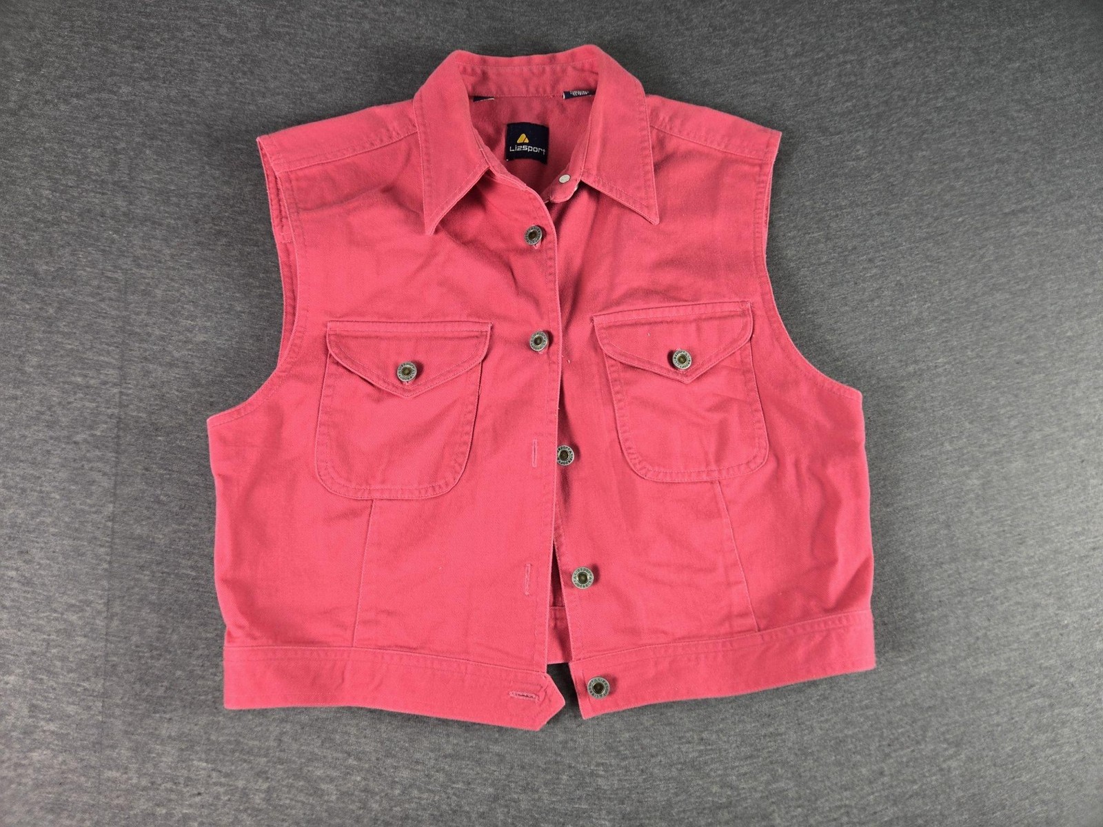 VTG 90s Liz Sport Vest Womens Medium Pink Utility Cotton Twill Button Front