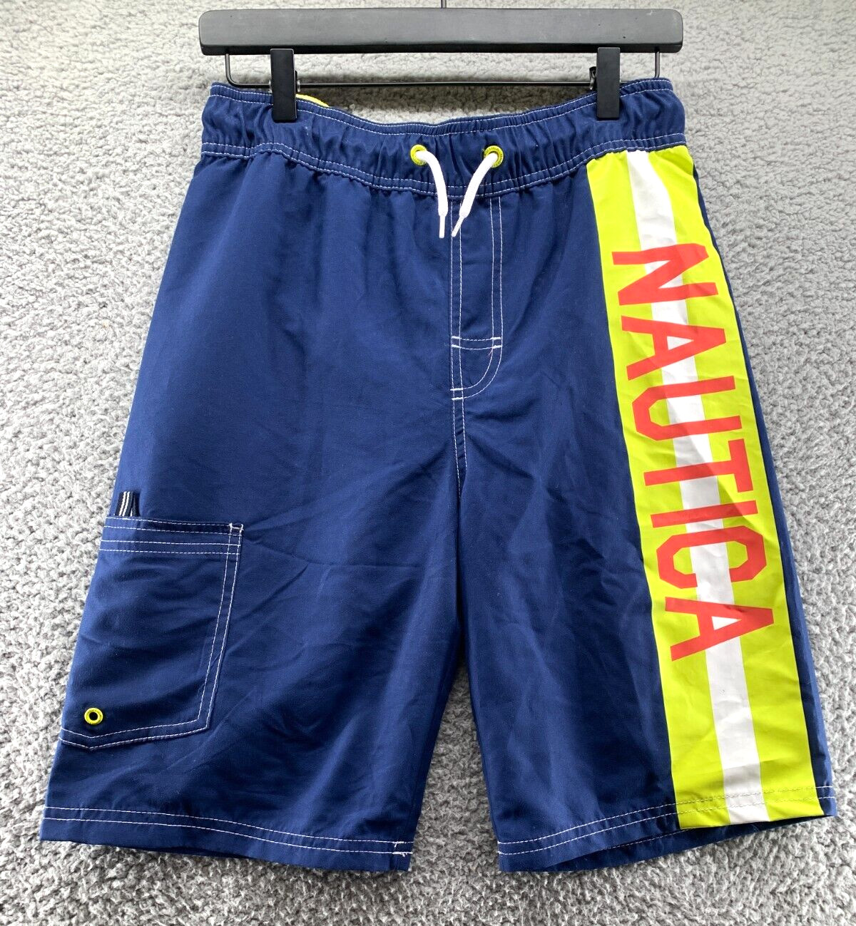 Nautica Board Short Youth Boys Large 50+UPF Swim Trunk Navy/Yellow Logo