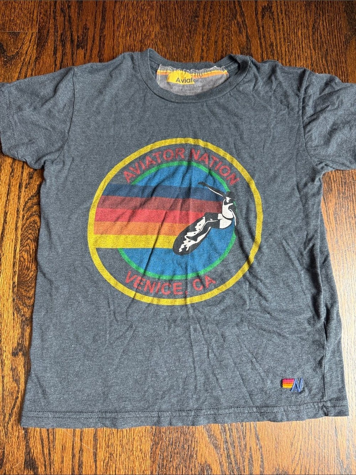 Aviator Nation Charcoal Tee with Yellow, Red, Blue & Green Graphic kids size 10